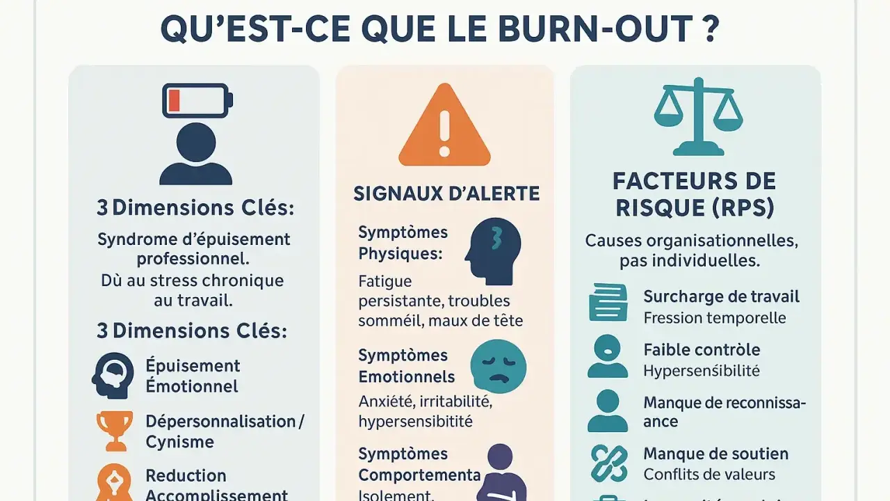Infographie sur le burn-out, maladie professionnelle reconnue par l'Ameli. Elle détaille les dimensions clés, les signaux d'alerte et les facteurs de risque.