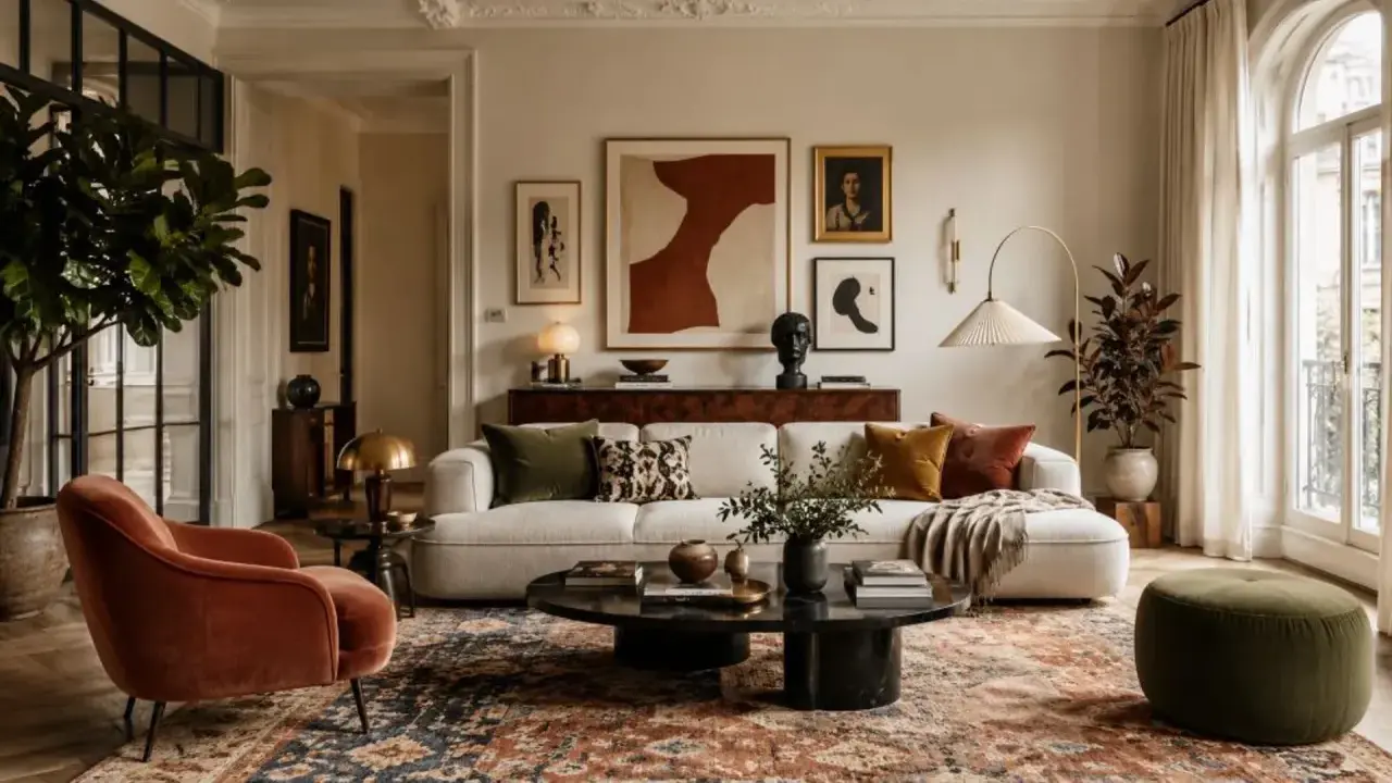 Przytulny salon w stylu naturalnym. Miękka sofa, aksamitny fotel i bogaty dywan tworzą ciepłą atmosferę.