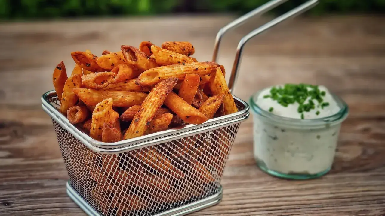 Knusprige Nudel-Chips in einem Metallkorb, daneben ein Glas Dip mit Schnittlauch.