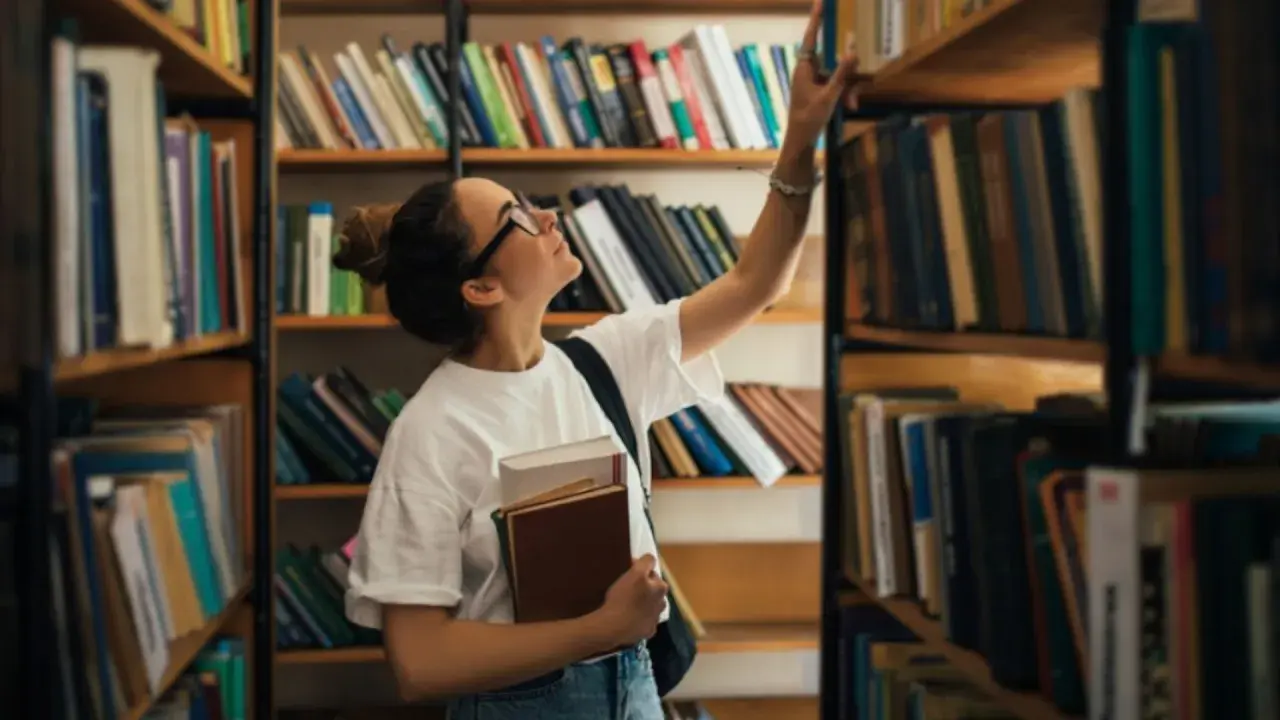 Młoda kobieta w okularach wybiera książkę z półki w bibliotece, trzymając inne w ręku.