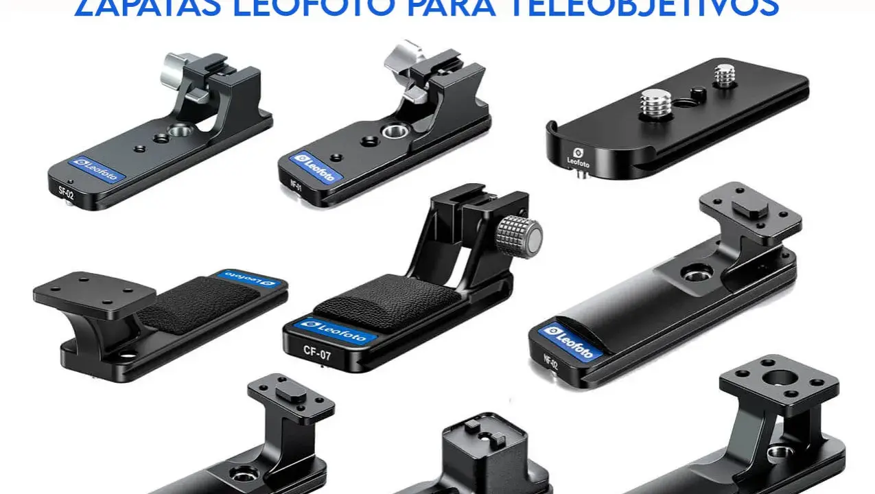 Varias zapatas Leofoto para cámara, diseñadas para teleobjetivos, con diferentes formas y tamaños.