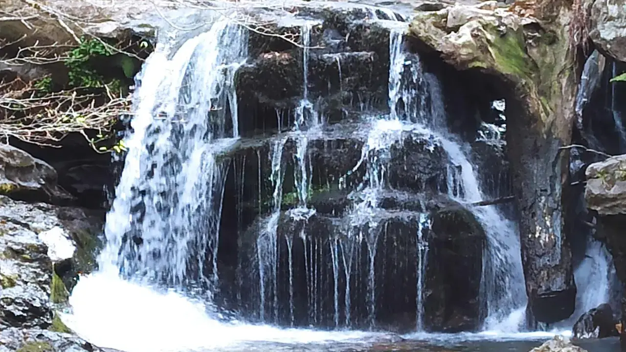 Cascada en el **valle de Cabuérniga**, con agua cayendo en varios niveles sobre rocas oscuras y musgosas, formando un remanso tranquilo.