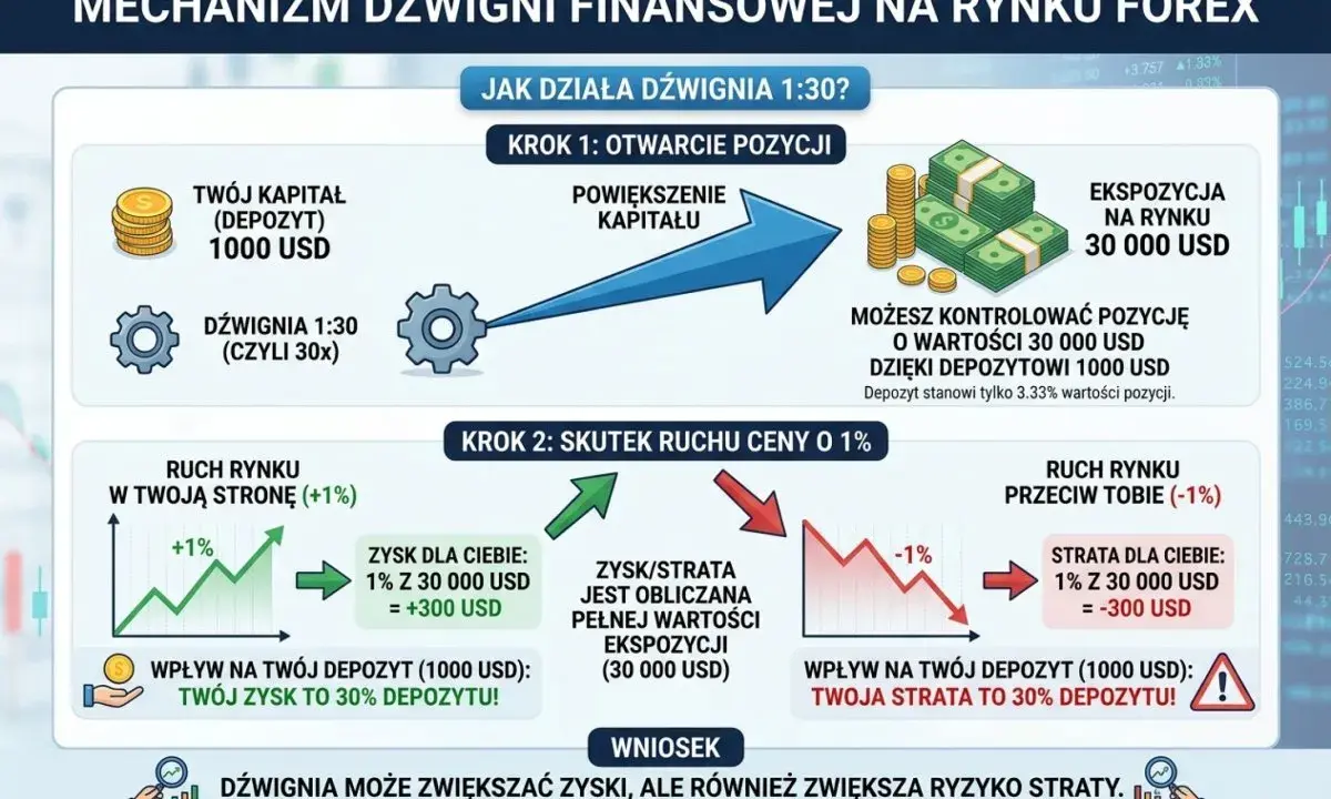 Dźwignia 1:30 na Forex powiększa kapitał z 1000 USD do 30 000 USD. Ruch ceny o 1% daje 30% zysku lub straty na depozycie.