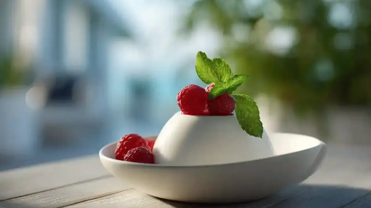 Délicieux panna cotta framboise, garni de fruits rouges frais et d'une touche de menthe, prêt à être dégusté.