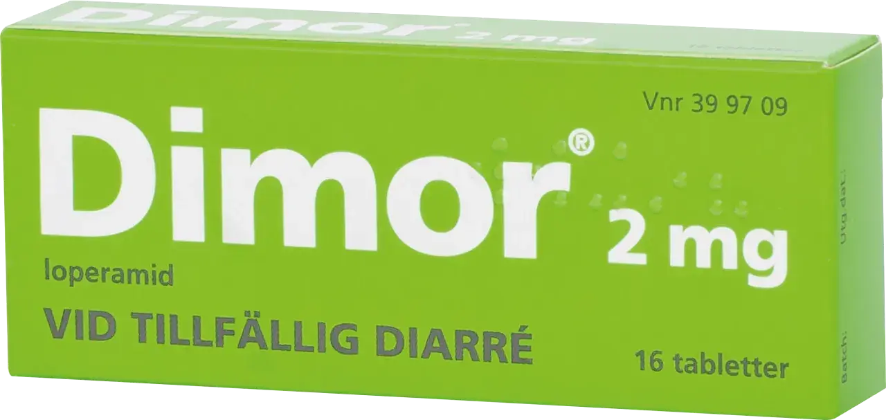 Dimor 2 mg, ett medicin mot magsjuka, lindrar tillfällig diarré. Förpackningen innehåller 16 tabletter.