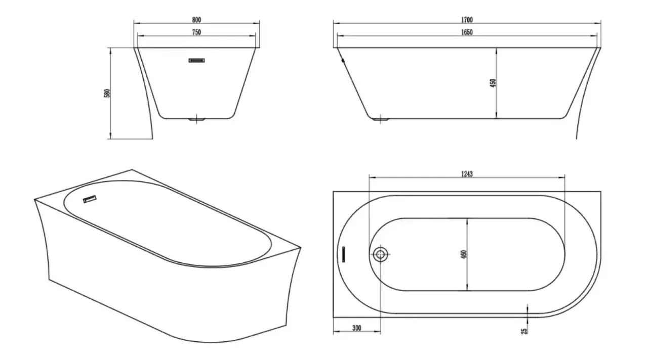 Disegni tecnici di una vasca da bagno con indicazioni sulle dimensioni: lunghezza 1700 mm, larghezza 800 mm, altezza 580 mm.