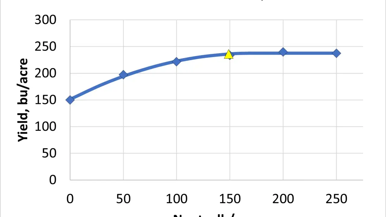 Graph shows corn yield in bushels per acre increasing with N rate, reaching an optimum around 240 bu/acre.