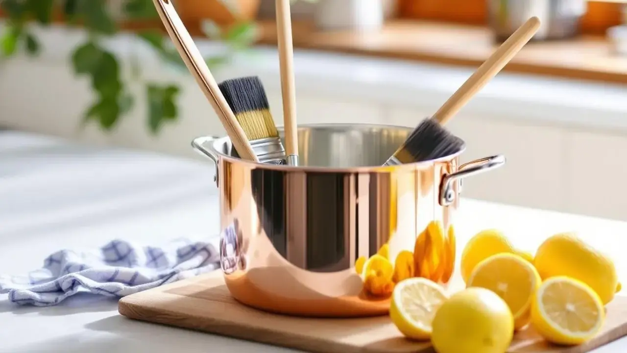 Ustensiles pour nettoyer le cuivre : une casserole en cuivre, des pinceaux et des citrons.