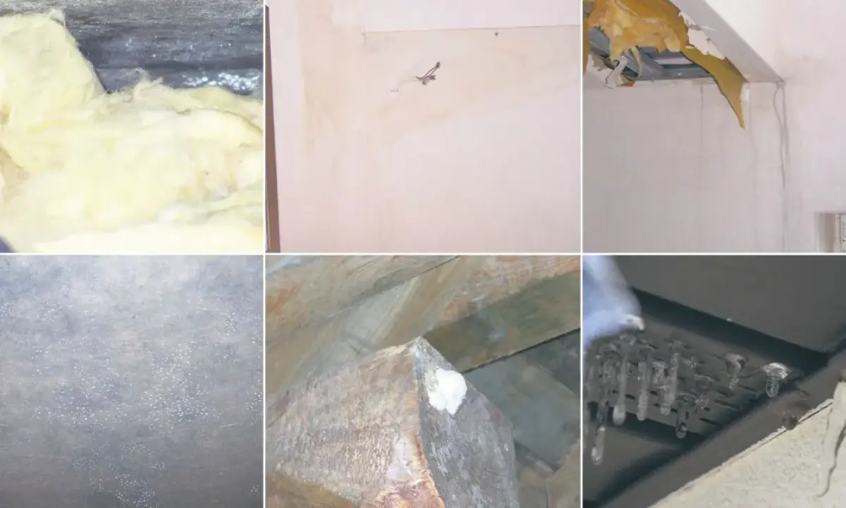 Skraplanie wody na płytkach i materiałach izolacyjnych, plamy na ścianach, uszkodzone sufity, wilgotne drewno i nacieki.