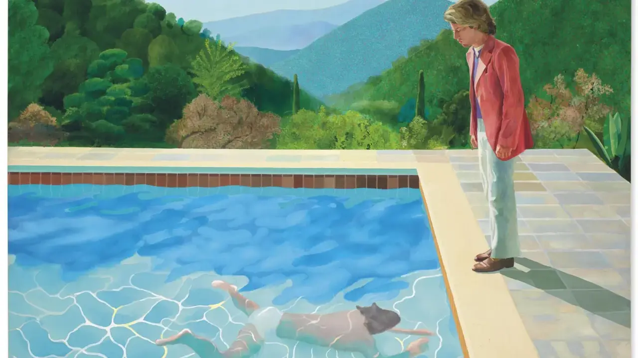 A man in a pink jacket looks down at another man swimming in a pool, a scene reminiscent of Barney Ebsworth's iconic style.