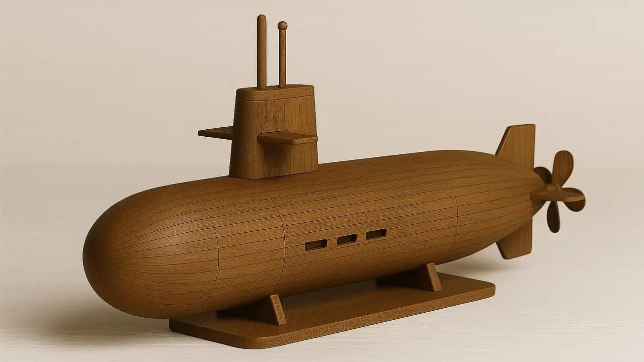 Holzmodell eines **sub boot** mit Propeller und zwei Antennen.