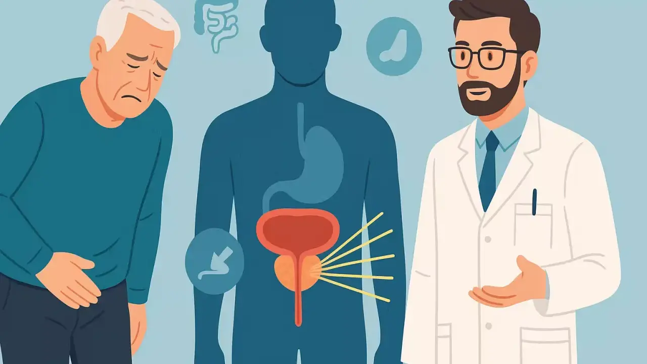 Lekarz rozmawia z pacjentem o częstomoczu po radioterapii prostaty. Widoczny problem z pęcherzem i prostatą.