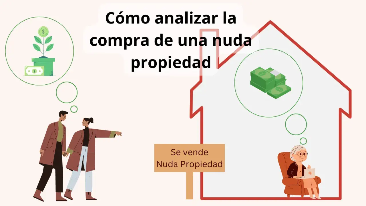 Pareja joven analiza la compra de una nuda propiedad, pensando en inversión y dinero. Un cartel indica "Se vende Nuda Propiedad".