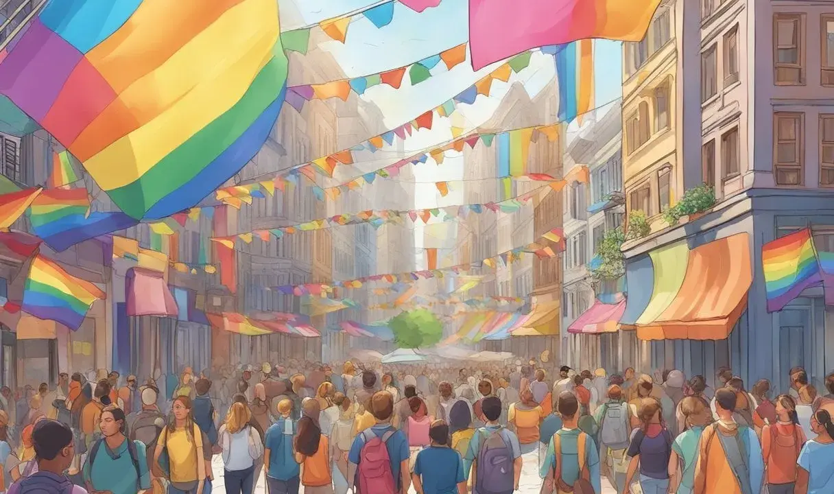 A vibrant street scene filled with people and rainbow flags, celebrating pride. This could be one of the gayest cities in Europe during a festival.