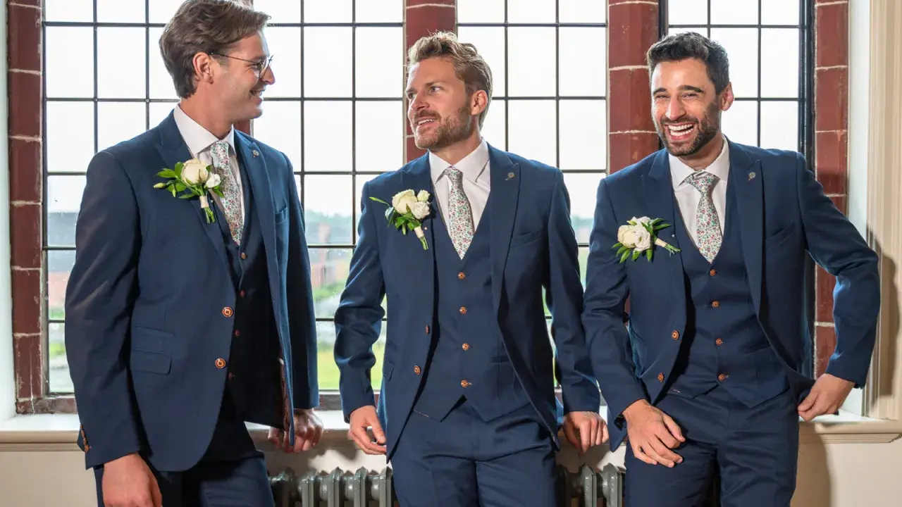 Three groomsmen in navy suits with floral ties and boutonnieres, ready for the usher wedding.