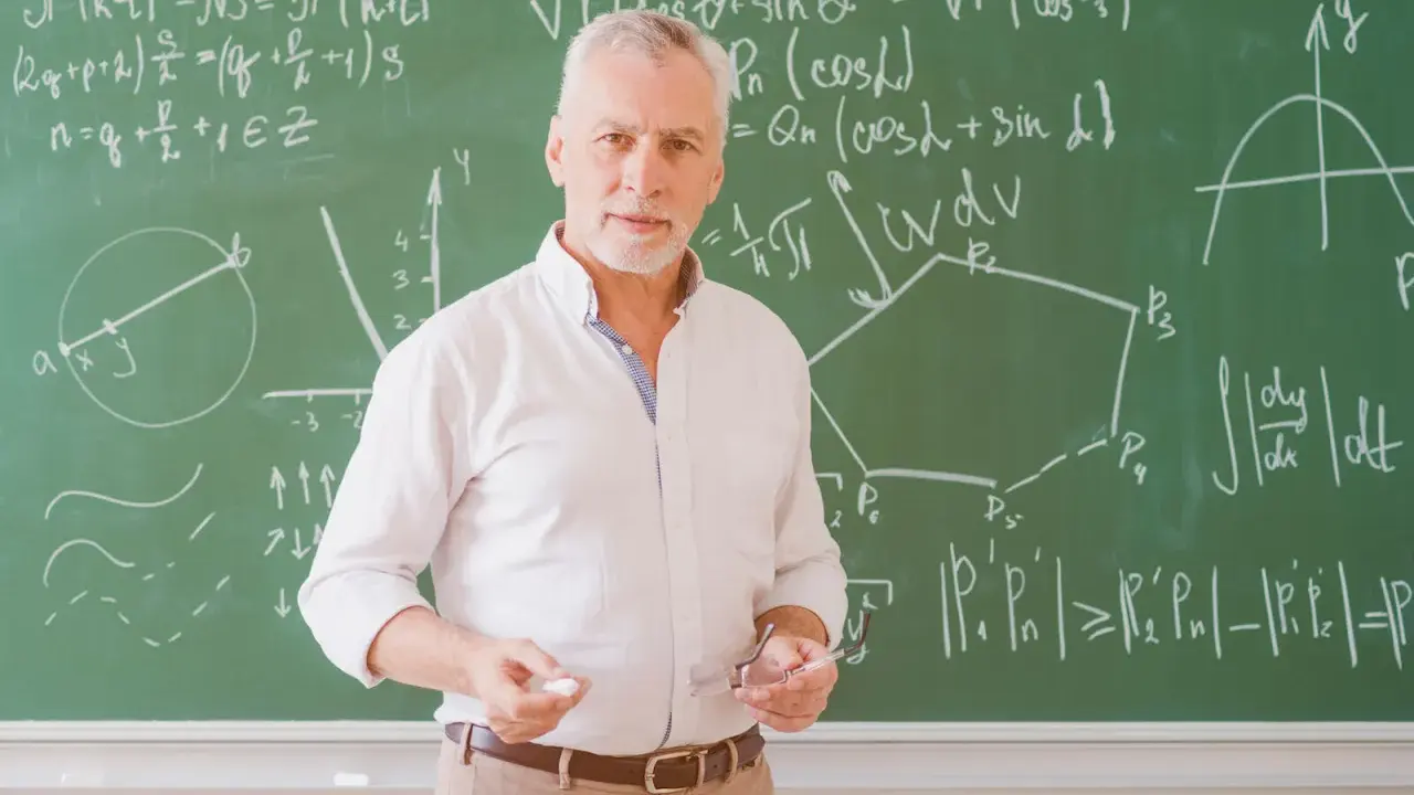 Nauczyciel matematyki z kredą i okularami przed tablicą pełną wzorów. Może to być jego urlop zdrowotny, czas na odpoczynek od nauczania.