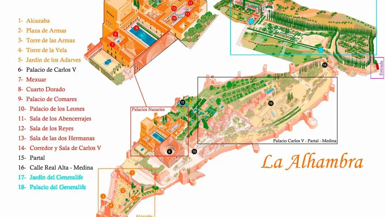 Detailplan der Alhambra in Granada. Zeigt die Alcazaba, die Nasridenpaläste und den Generalife-Garten mit nummerierten Sehenswürdigkeiten.
