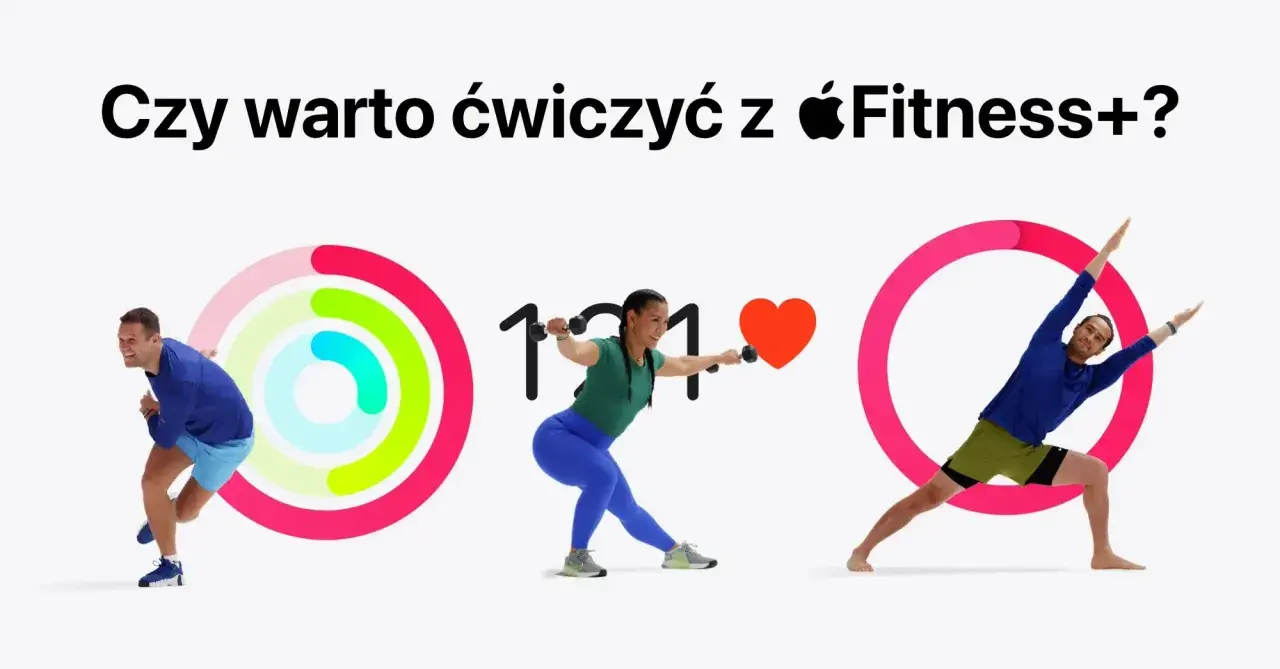 Trzy osoby ćwiczą, a obok nich widnieją kolorowe pierścienie aktywności i serce. Czy warto ćwiczyć z Apple Fitness+?