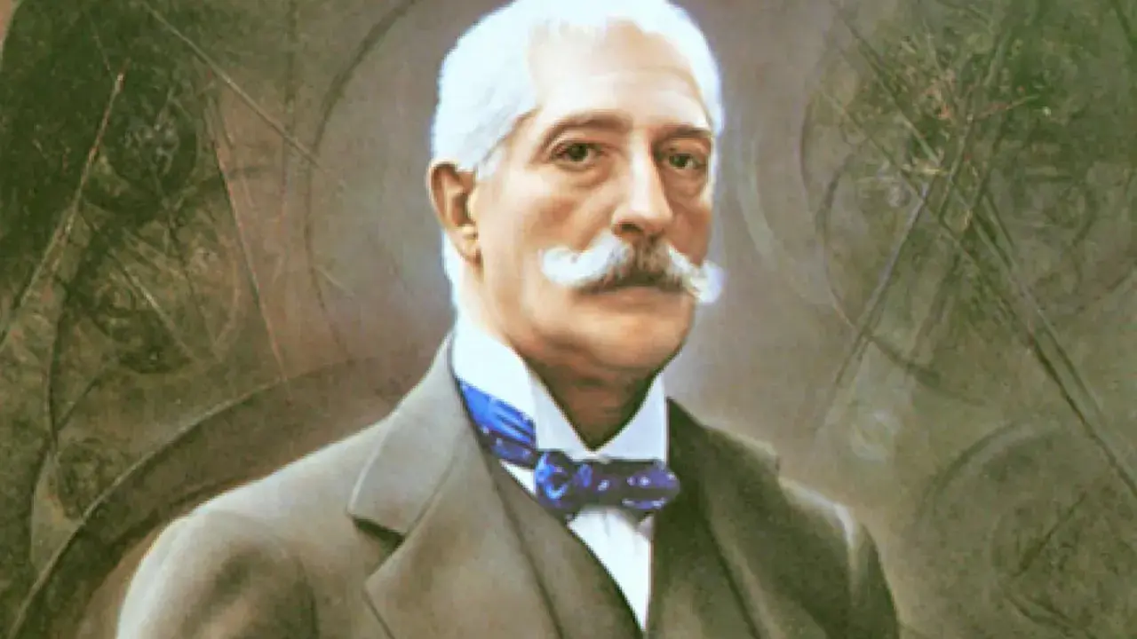 Ritratto di uomo anziano con baffi bianchi, abito scuro e papillon blu. Potrebbe essere un personaggio chiave nel nedda verga riassunto.