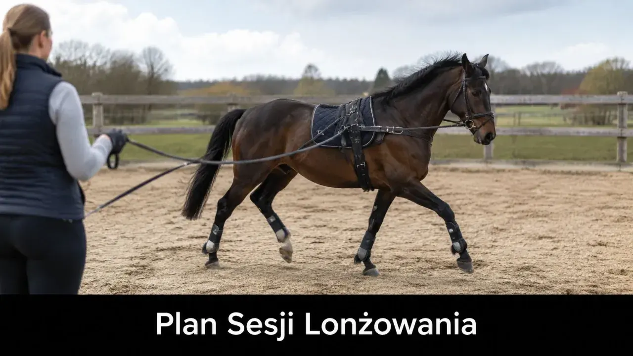 Trenerka lonżuje konia w czambonie na piaskowej ujeżdżalni. Koń ma na sobie siodło i ogłowie.