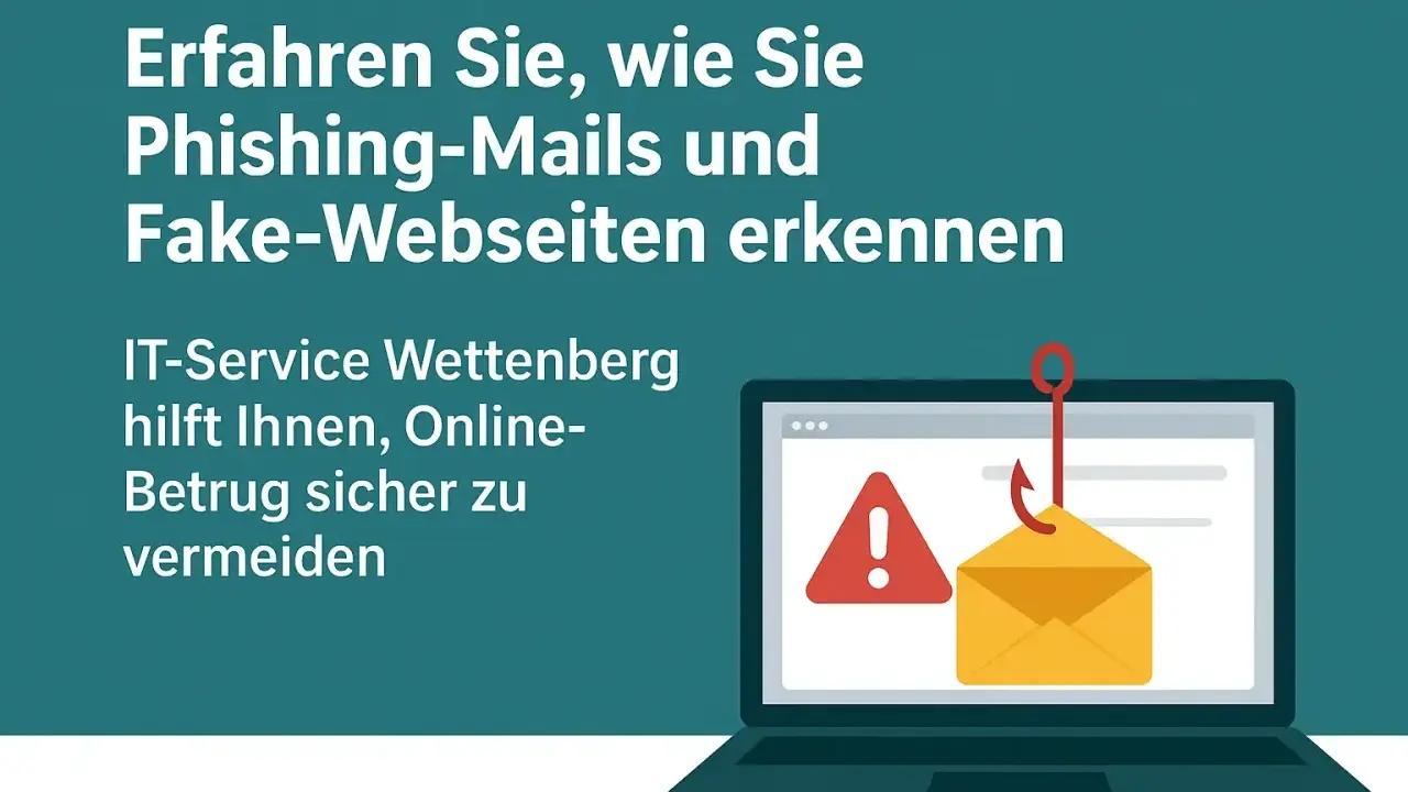 Schutz vor Social Engineers: Ein Laptop zeigt eine Phishing-Mail, die von einem Haken gefischt wird. IT-Service Wettenberg hilft, Online-Betrug zu vermeiden.