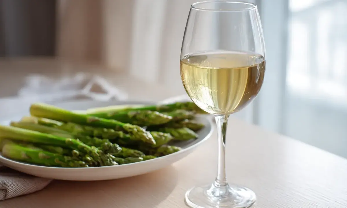 En tallrik med färsk grön sparris bredvid ett glas vitt vin. Perfekt kombination för en lätt och fräsch måltid.