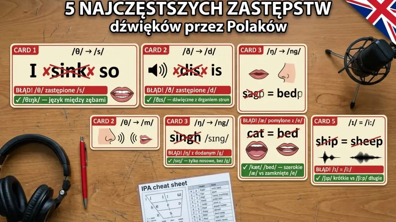 Karty z błędami wymowy po angielsku: jak się wymawia po angielsku "sink" zamiast "think", "dis" zamiast "this", "sing" zamiast "singh", "cat" zamiast "bed", "ship" zamiast "sheep".