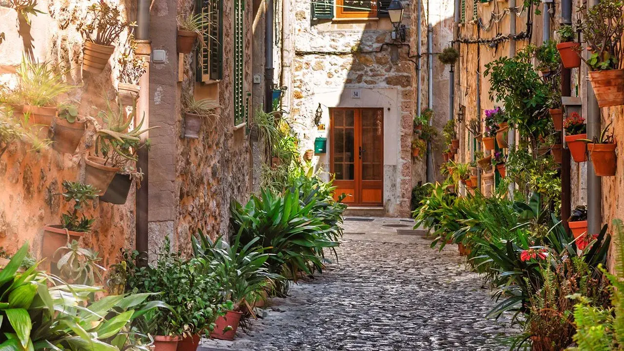 Malerische Gasse in Valldemossa, Mallorca, gesäumt von blühenden Pflanzen in Töpfen an steinernen Hauswänden.