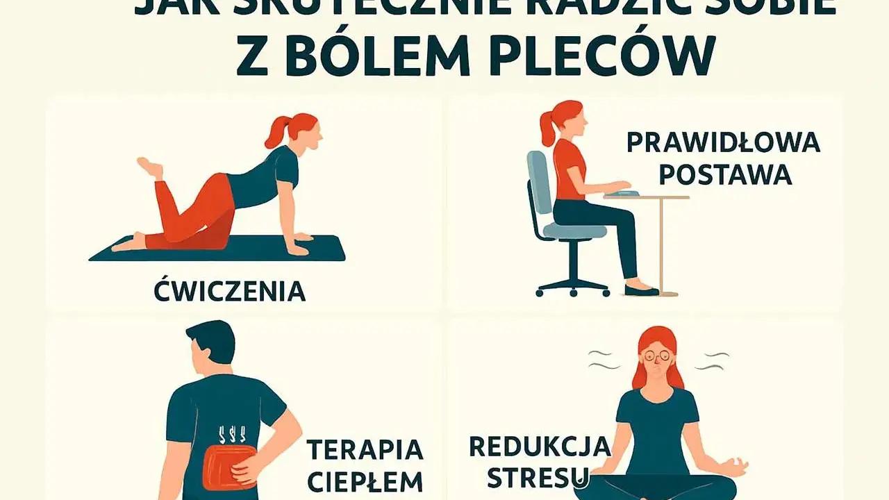 Ćwiczenia na odcinek lędźwiowy, prawidłowa postawa, terapia ciepłem i redukcja stresu pomagają w walce z bólem pleców.