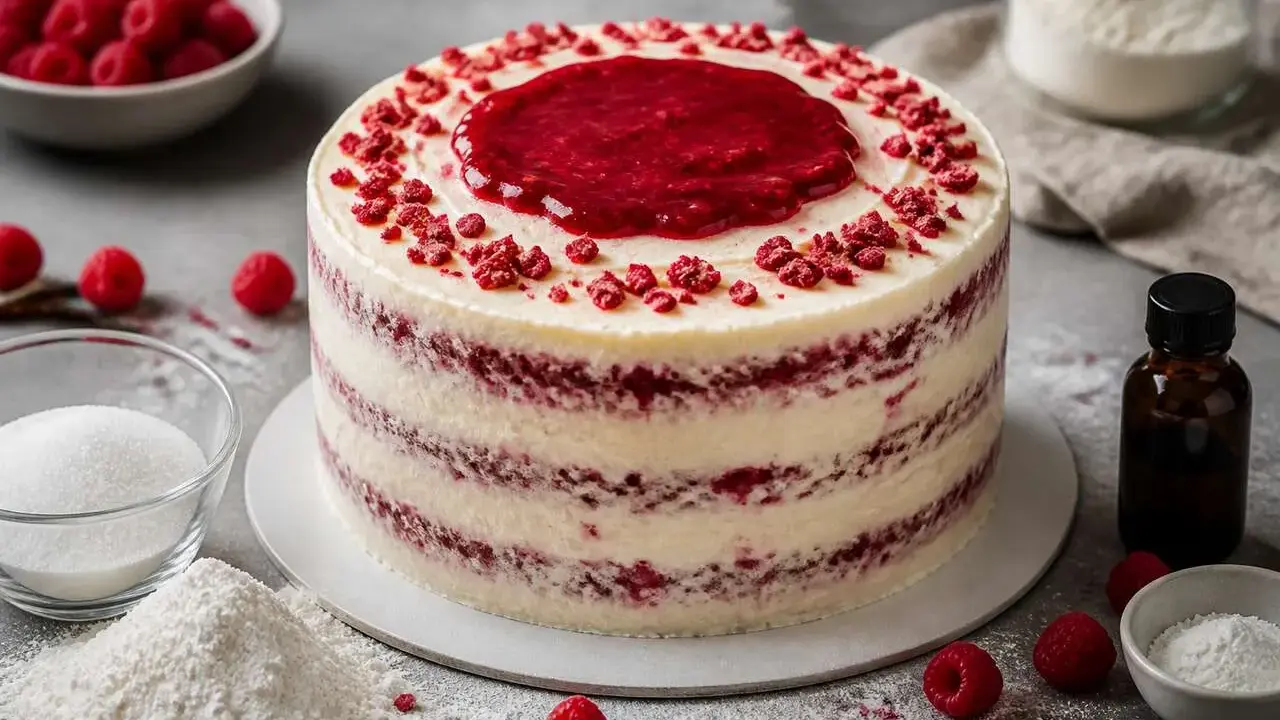 Un délicieux bavarois framboise, orné de fruits rouges et de poudre, prêt à être dégusté.
