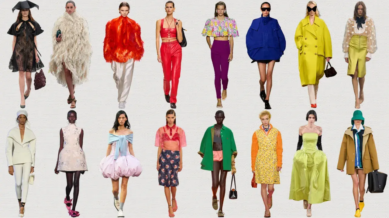 A collage of models showcasing bold 2026 fashion trends: voluminous silhouettes, vibrant colors, and unique textures.