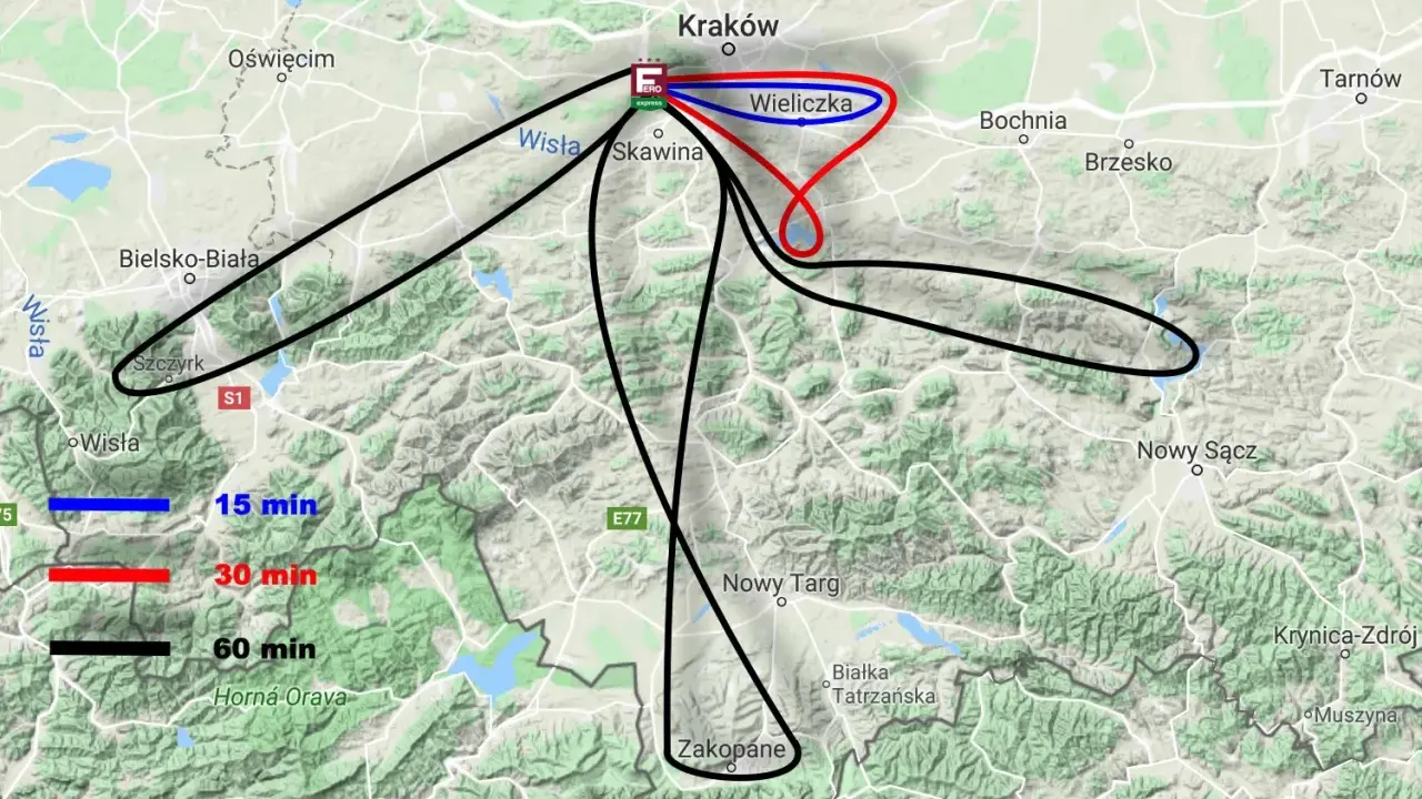Trasy lotów z Krakowa do Wieliczki (15 i 30 min) oraz dłuższe, 60-minutowe loty w kierunku południowym, obejmujące m.in. Zakopane.