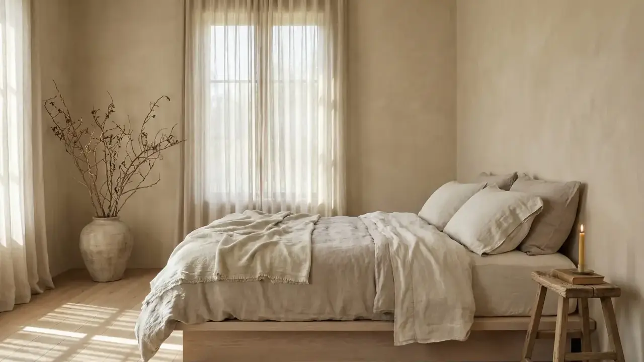 Camera da letto con pareti color sabbia, letto con biancheria in lino beige, vaso con rami secchi e candela. Ideale per capire quali pareti dipingere in una stanza.