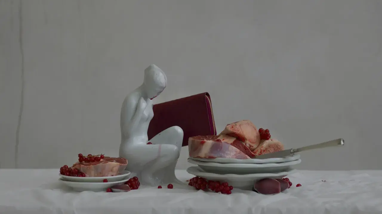 A white porcelain figure contemplates raw meat and red currants, a scene reminiscent of Evelyn Bencicova's still lifes.