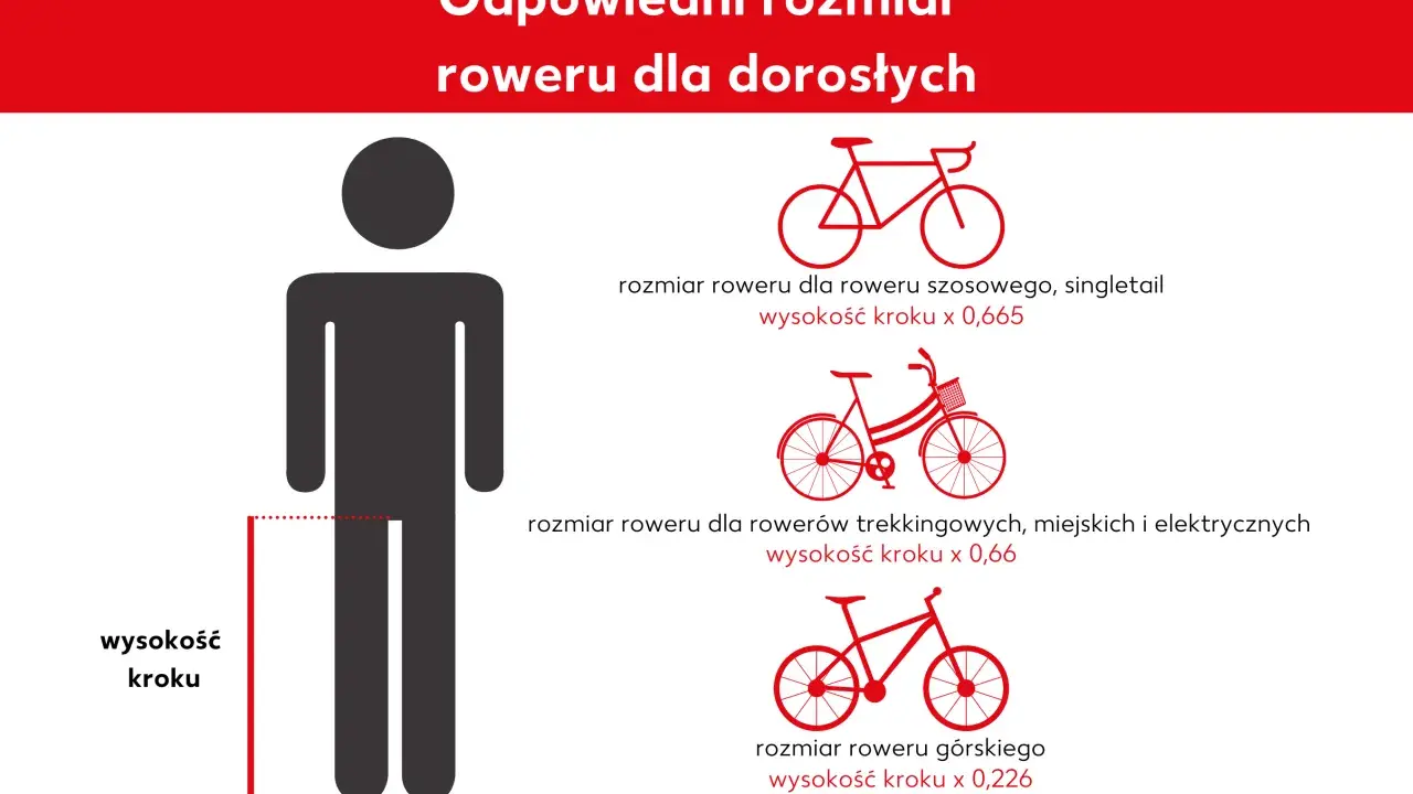 Ilustracja pokazuje, jak dobrać odpowiedni rozmiar roweru dla dorosłych, uwzględniając wysokość kroku. Podane są wzory na rozmiar roweru szosowego, trekkingowego i górskiego.