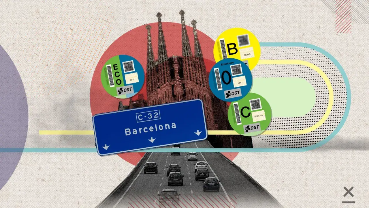 Pegatinas DGT indican que coches pueden entrar en Barcelona. La Sagrada Familia y la señal de tráfico de Barcelona aparecen en la imagen.