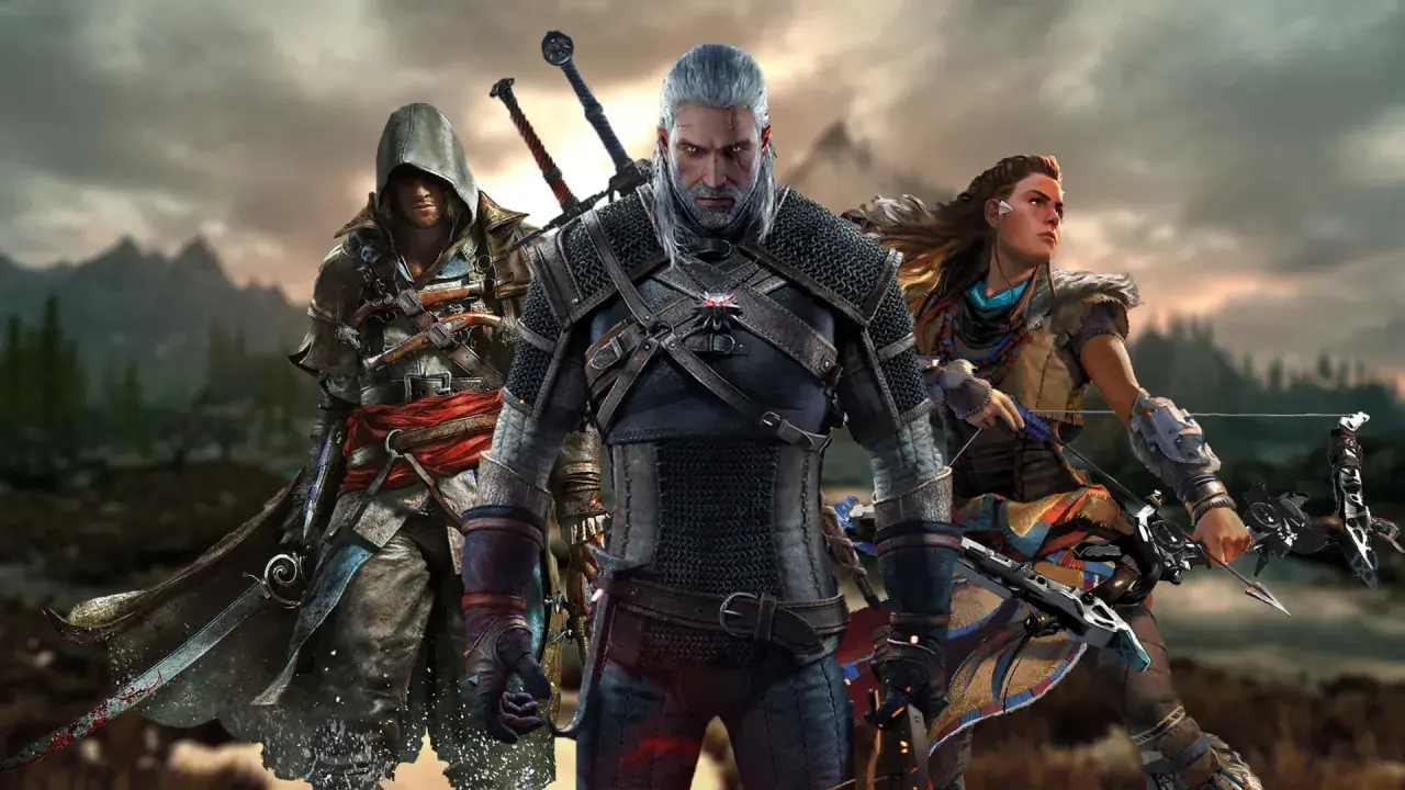 Trzech bohaterów gier: asasyn, wiedźmin i łuczniczka, idealni dla fanów gier podobnych do Assassin's Creed.
