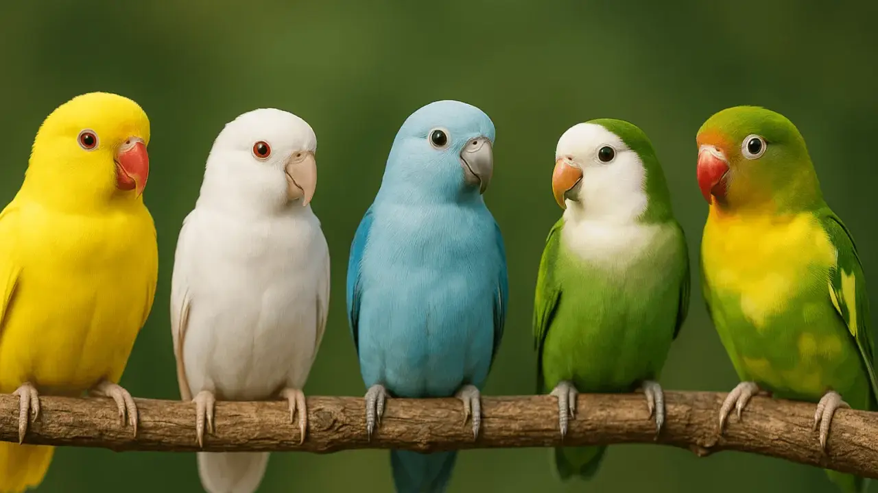 Cinque inseparabili colorati, giallo, bianco, azzurro, verde e giallo-verde, siedono su un ramo.