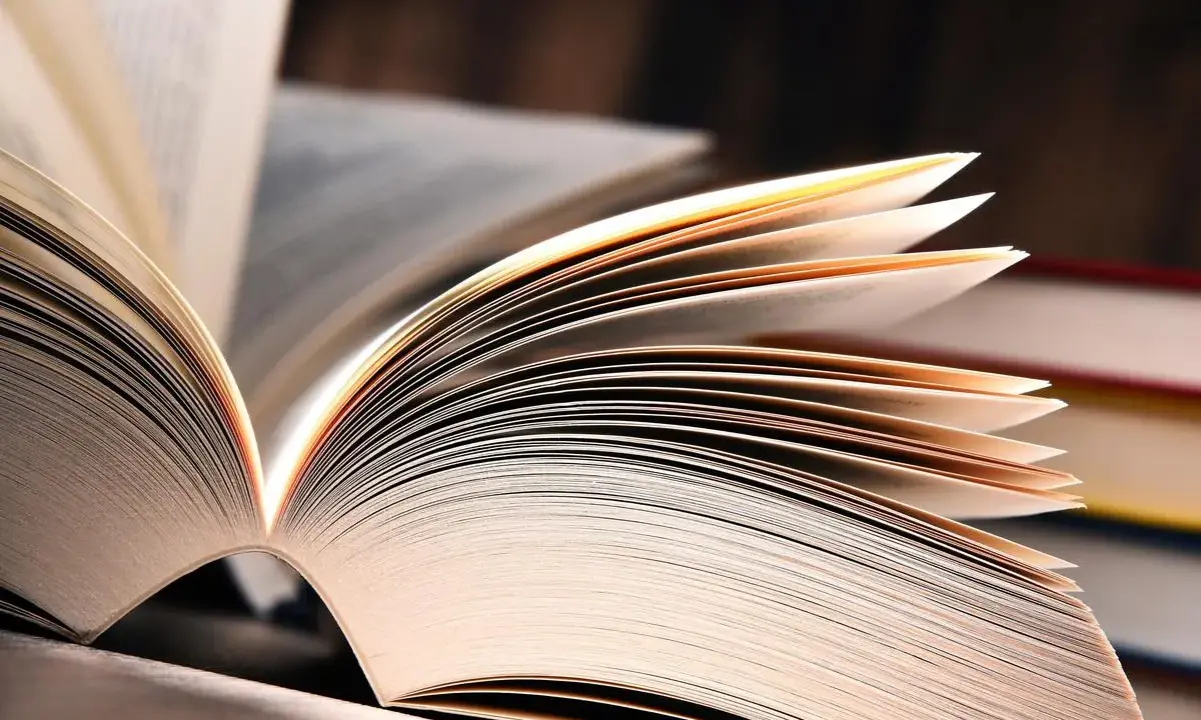 Pages d'un livre ouvert, un exemple de tautologie littéraire. La lumière éclaire les fines feuilles de papier.