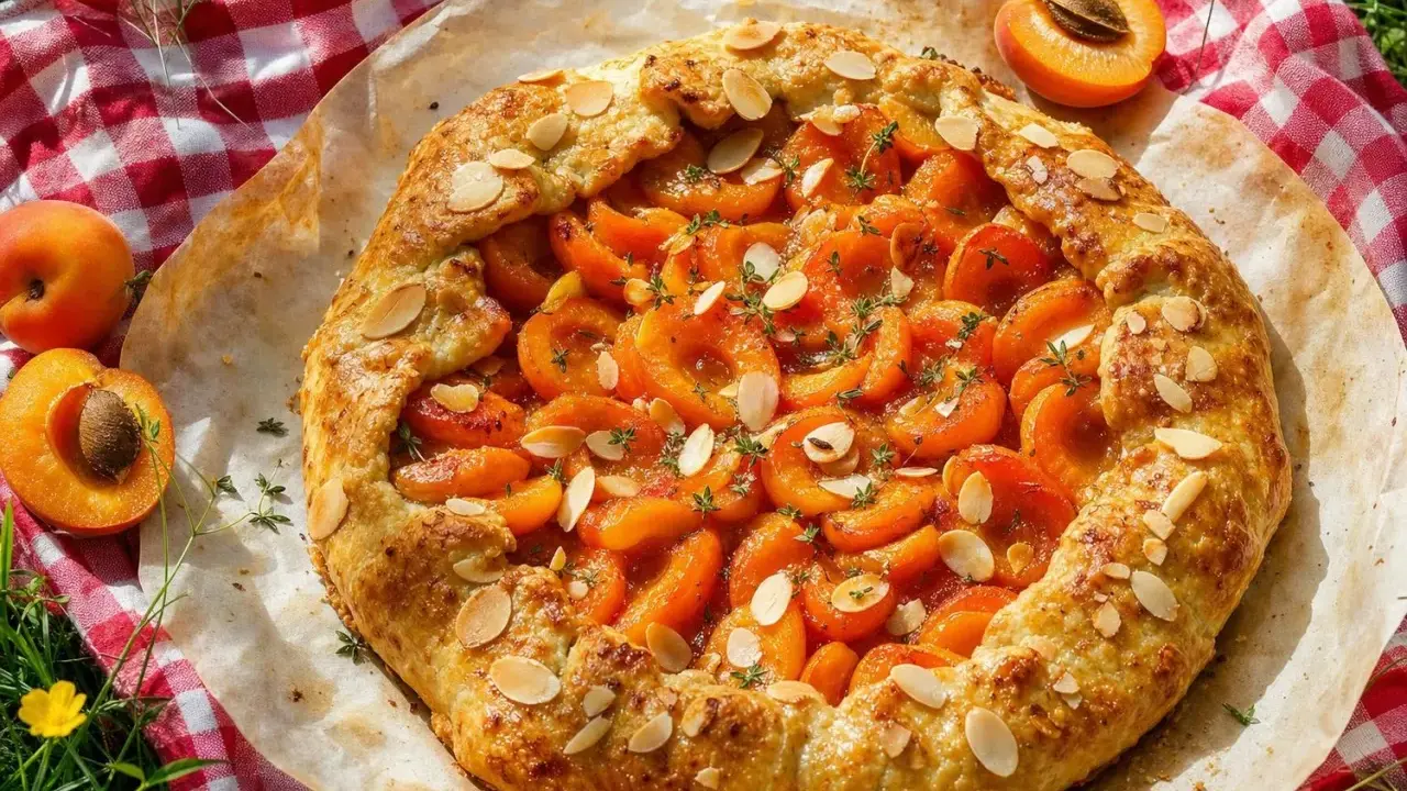 Délicieuse tarte aux fruits d'abricots, garnie d'amandes effilées et de thym frais, prête à être dégustée en plein air.
