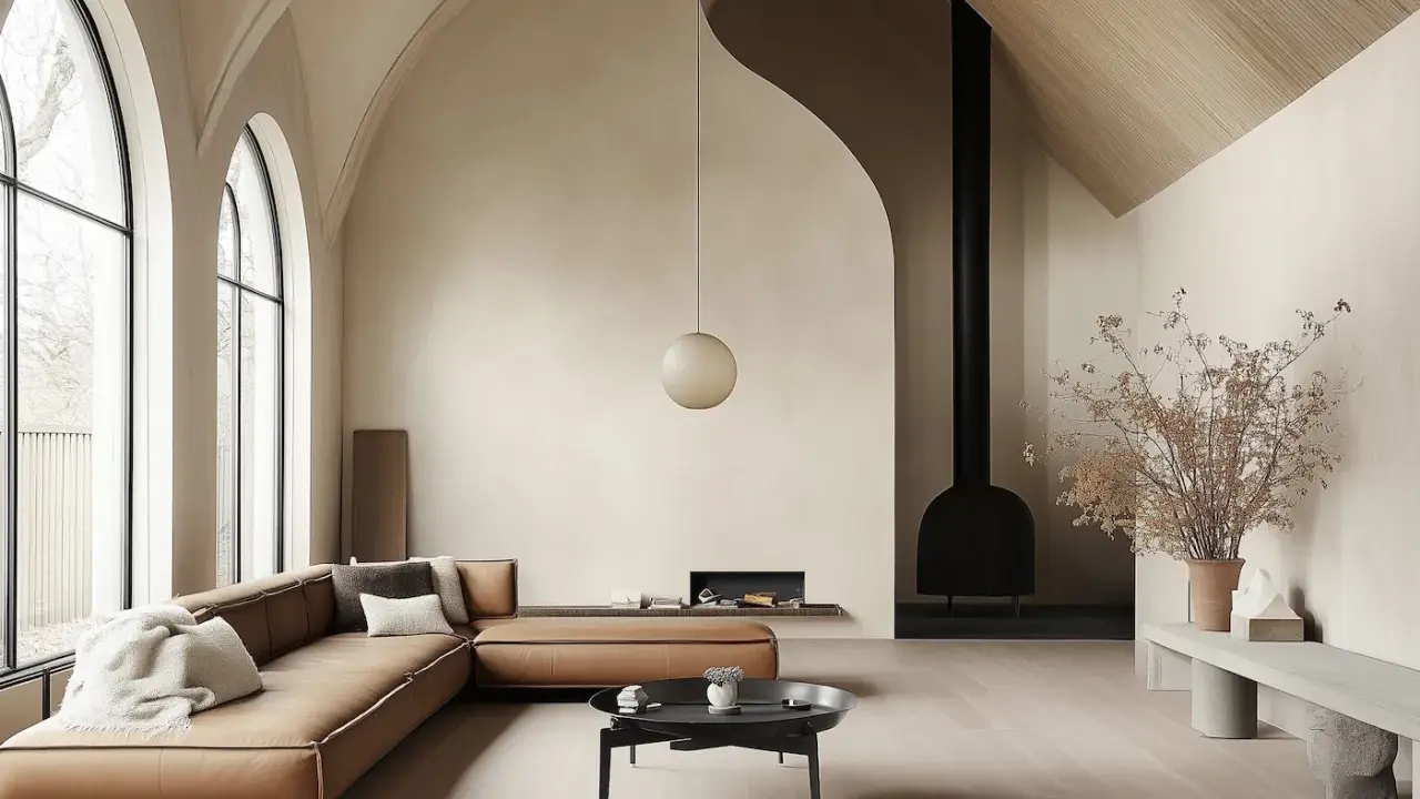 Un vaste salon cathédrale aux voûtes élancées, avec un canapé en cuir cognac, une cheminée moderne et une lumière douce.