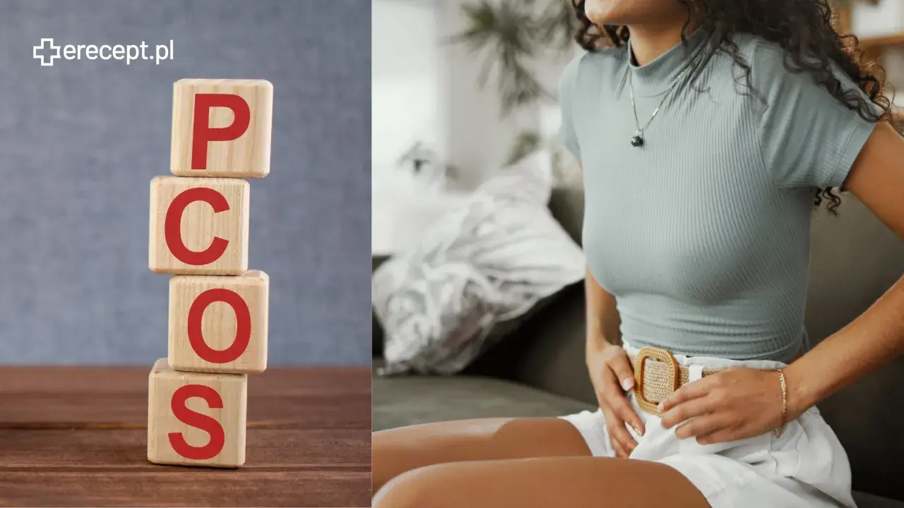 Klocki z literami PCOS i kobieta odczuwająca ból brzucha. Informacje o pcos leczenie.