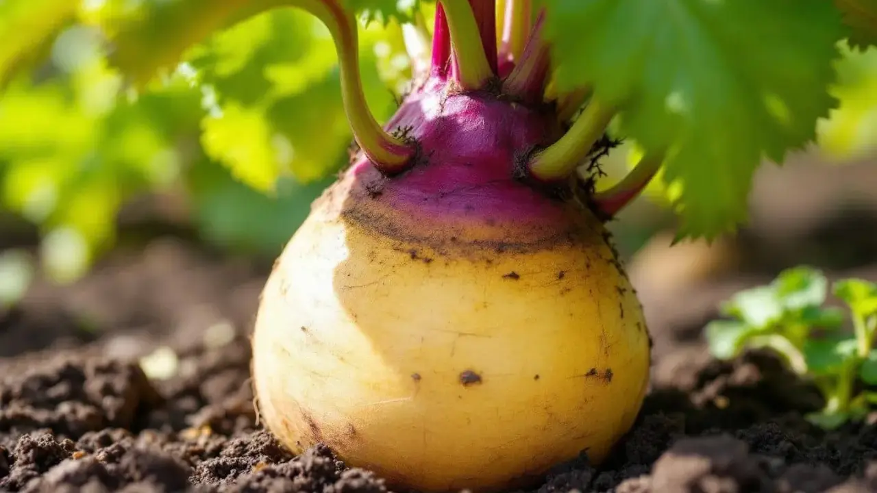 Gros plan sur un rutabaga jaune et violet poussant dans la terre. La culture du rutabaga est une tradition ancestrale.