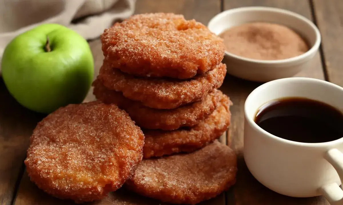 Deliciosas tortitas de manzana espolvoreadas con azúcar y canela, junto a una taza de café y una manzana verde.