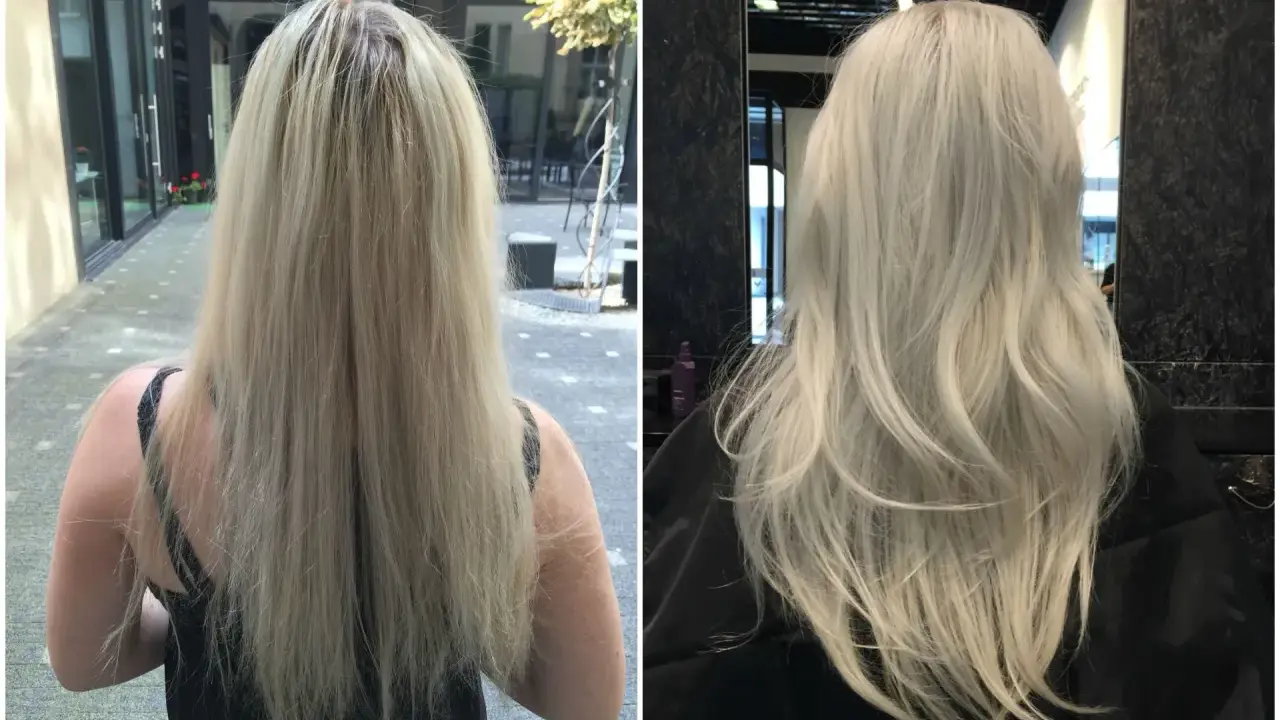 Przed i po zabiegu Olaplex. Włosy po zabiegu są widocznie zdrowsze i lśniące.