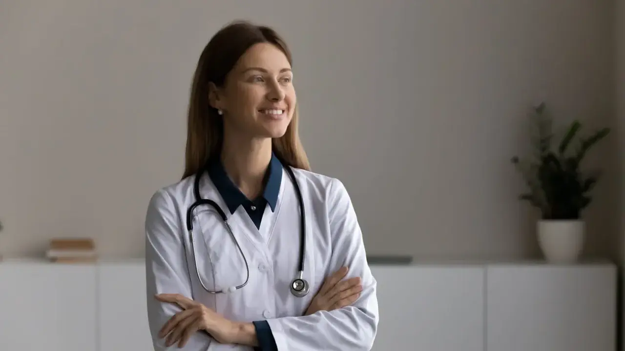 Une podologue souriante, avec un stéthoscope autour du cou, réfléchit à la rédaction d'une lettre pour le médecin traitant.
