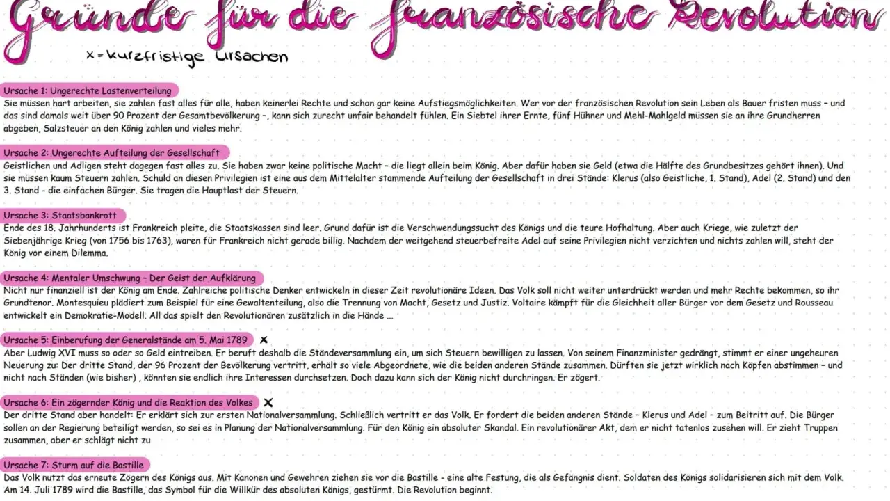 Gründe für die französische Revolution: Ungerechte Lasten, Gesellschaftsaufteilung, Staatsbankrott, Aufklärung, Einberufung der Generalstände, zögernder König, Sturm auf die Bastille.