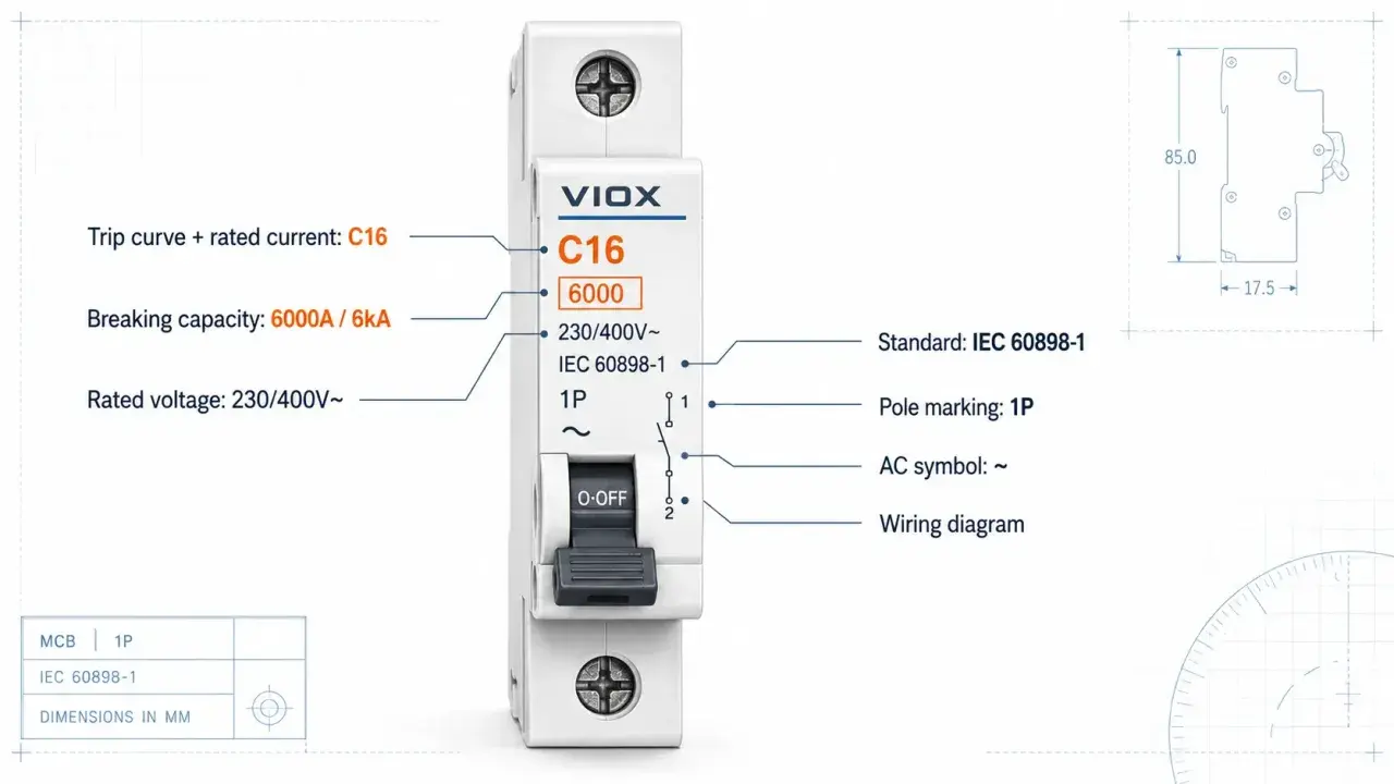 Wyłącznik nadprądowy VIOX C16 z oznaczeniami: prąd znamionowy C16, napięcie 230/400V, zdolność zwarciowa 6kA, zgodny z IEC 60898-1.
