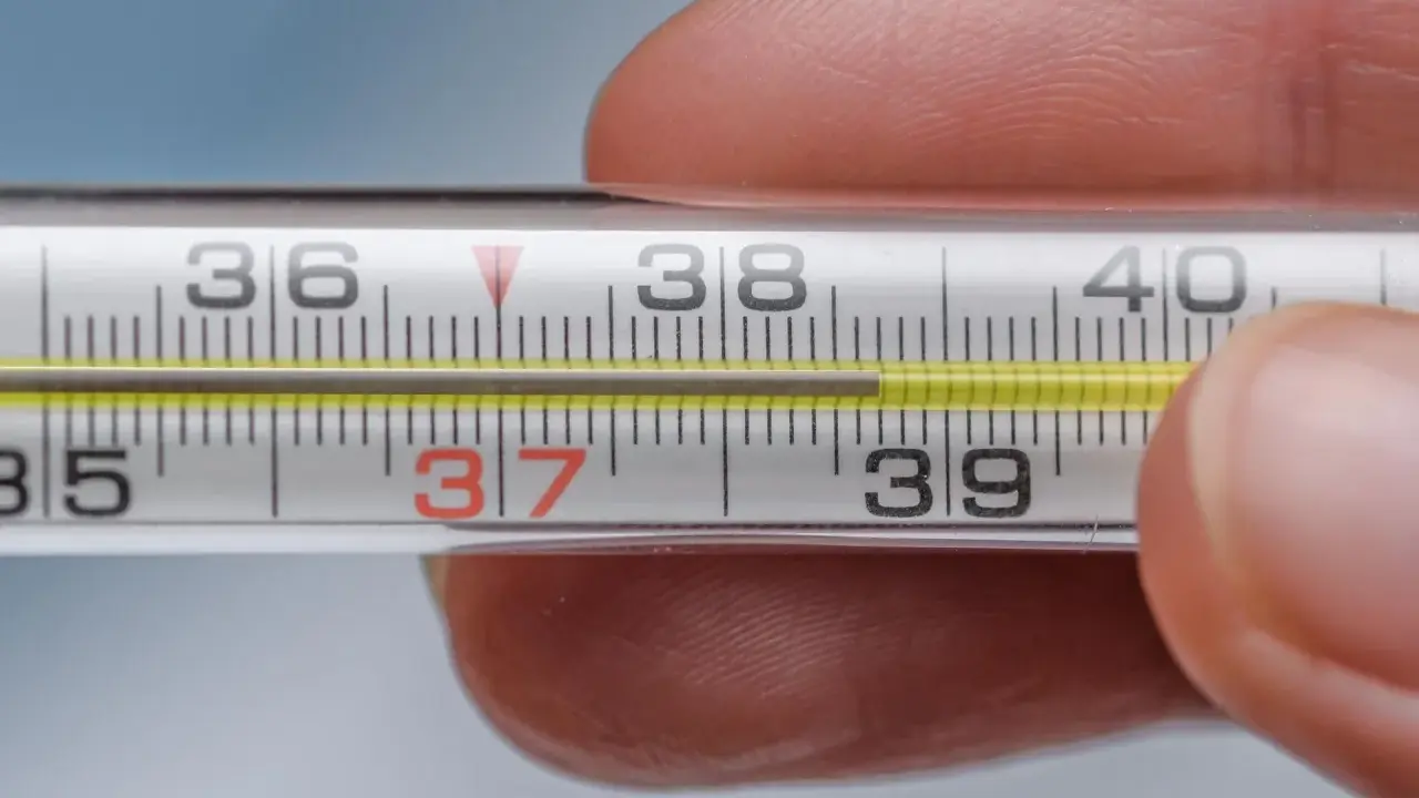 Zbliżenie na termometr rtęciowy, gdzie słupek rtęci wskazuje 37.1 temperatura. Dłoń trzyma termometr.