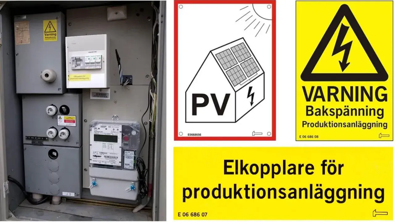 Elskåp med hager huvudbrytare, elmätare och varningsskyltar för solceller och produktionsanläggning.